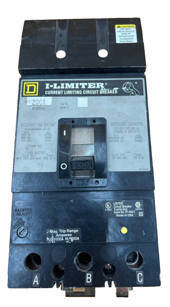 Square D KI36200 200A 600V 3P I-Line Circuit Breaker I-Limiter 200 Amp Used