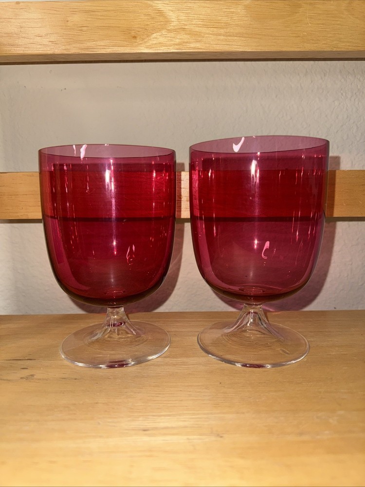 Pair Vintage Hand Blown Cranberry Glass Wine Goblets Thin Clear Flared Stem MCM