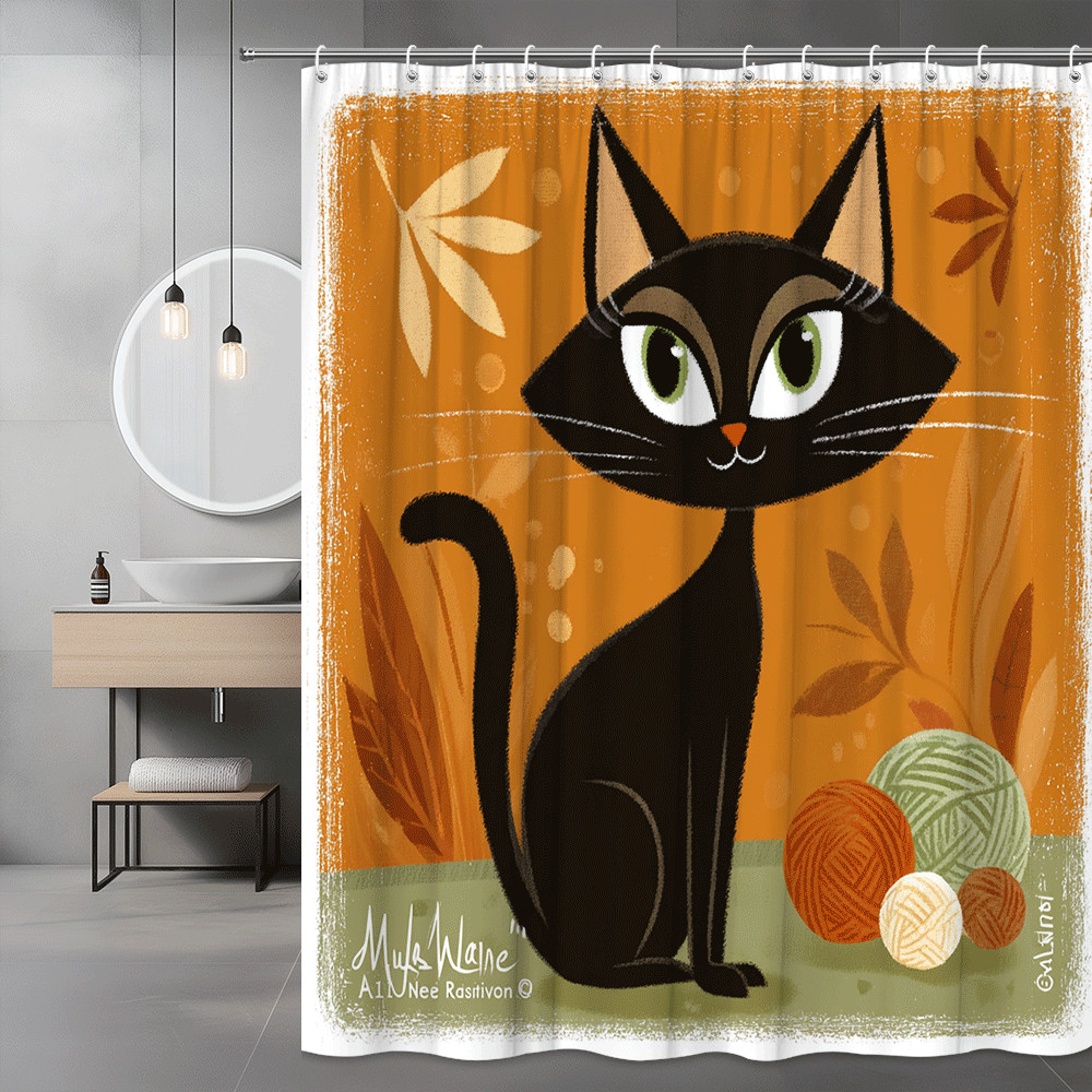 Black Cat Shower Curtain Autumn Floral Orange Background