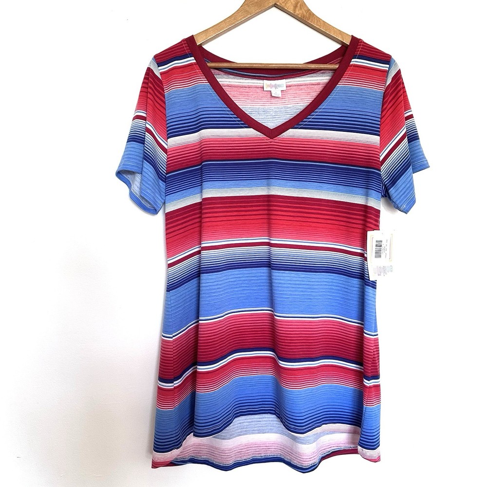 NWT Lularoe Shirt Women’s Large Red White Blue Striped Short Sleeve V Neck Top