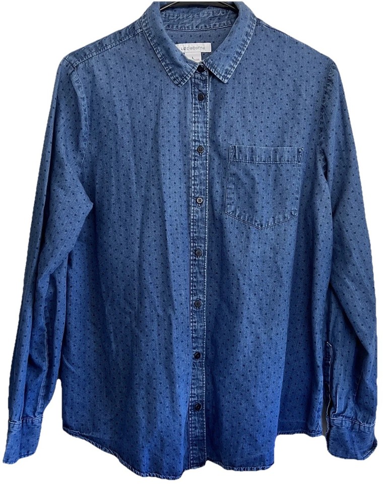 VTG Liz Claiborne Womens 100% Cotton Chambray Denim Shirt Large Polka Dot Button
