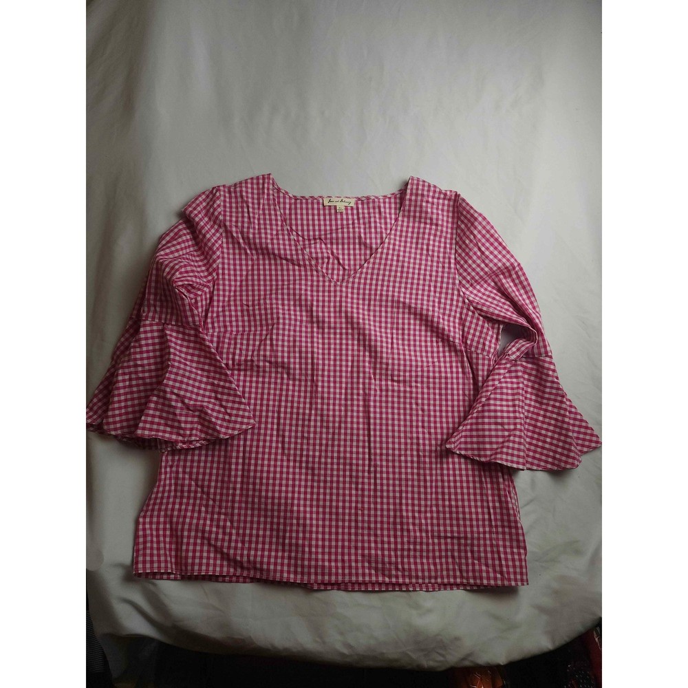 Jane and Delancey Pink Gingham Bell Sleeve V-Neck Blouse XL Top