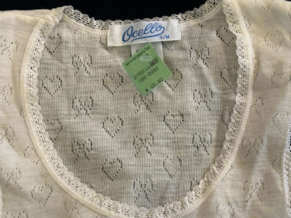 NWT! Vtg Fine Ocello 80s Women’s Wool Nylon Undershirt Heart Lace Cottage Sz S/M