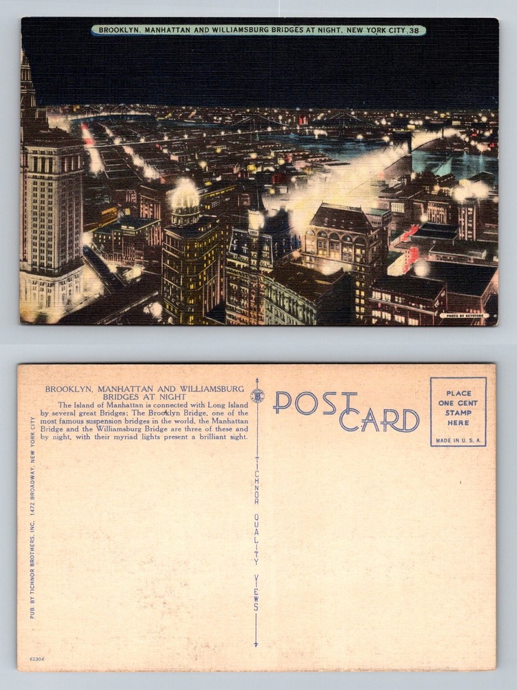 New York City NY, Brooklyn Manhattan Williamsburg Bridges Vintage Postcard