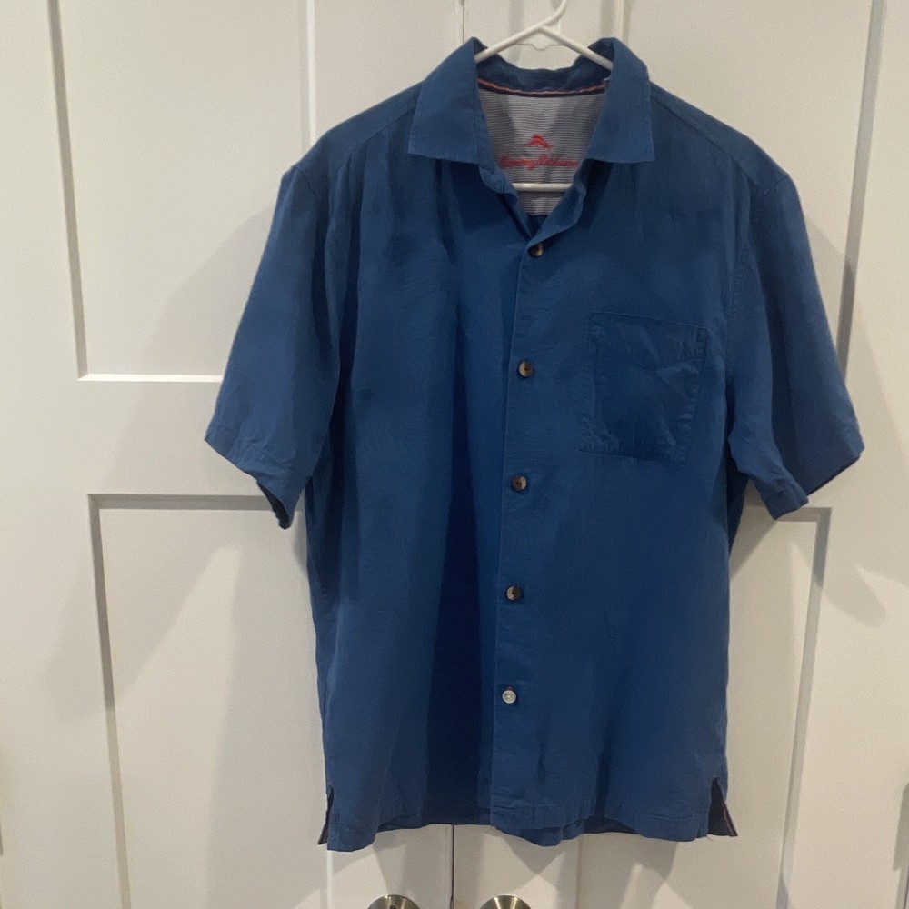Tommy Bahama Men's M Blue Silk/Cotton Hawaiian Marlin Button-Up Pocket Shirt