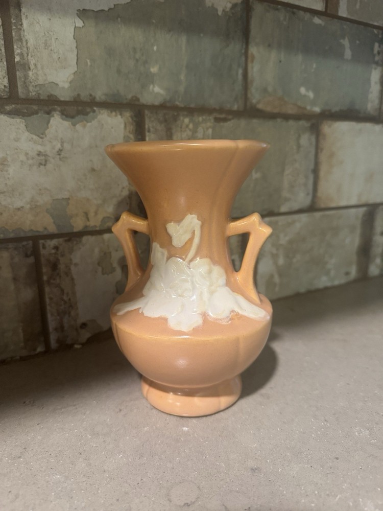 Weller Pottery Double Handled Footed Pink White Cameo Vase Cottage Core 6.5