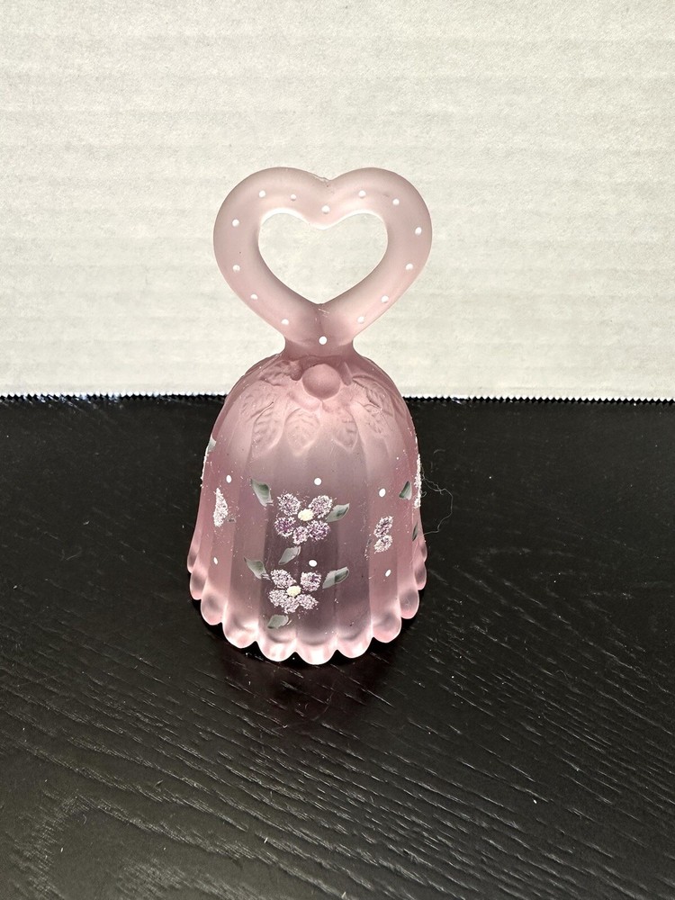Vintage Fenton Pink Floral Ribbed Bell with Heart Handle Signed