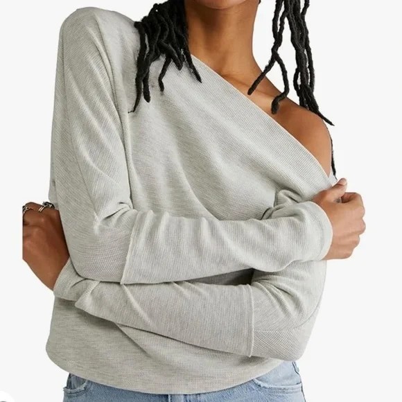 We the Free Womens M Free People Asymmetrical Waffle Knit Fuji Thermal Top Grey