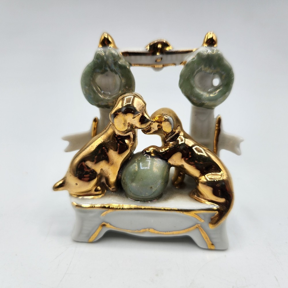 Miniature Dog Figurine Germany Porcelain Gold Accent Fireplace Christmas Wreath-image