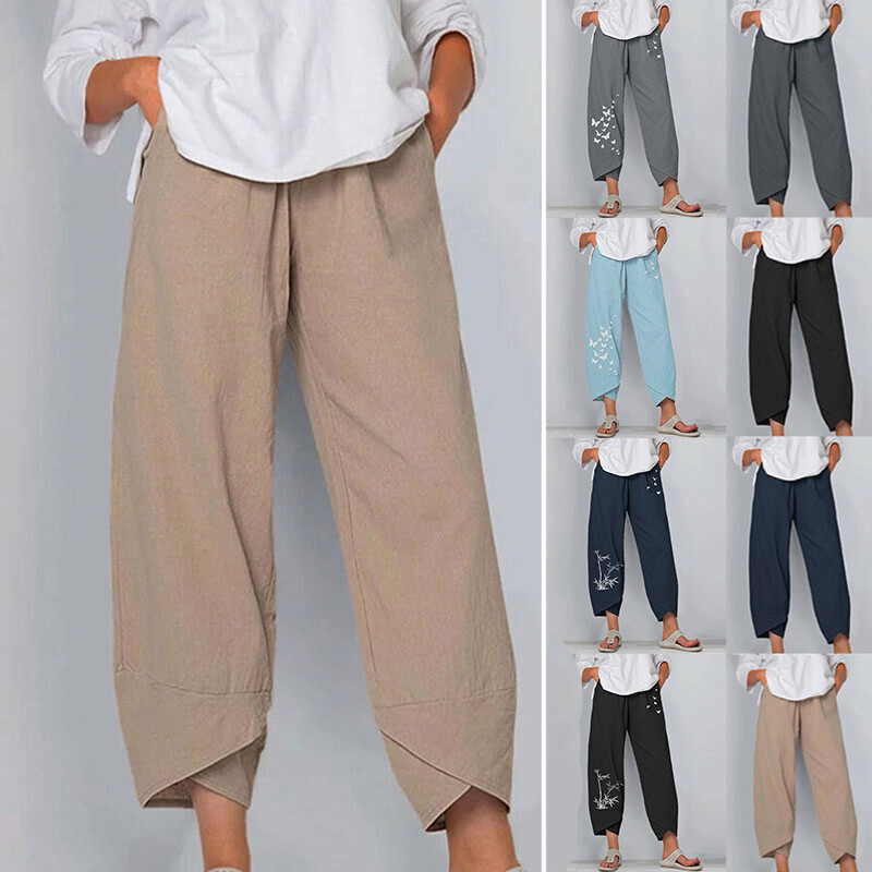 Womens Cotton Linen Harem Pants Ladies Soft Loose Baggy Pants Cropped Trousers