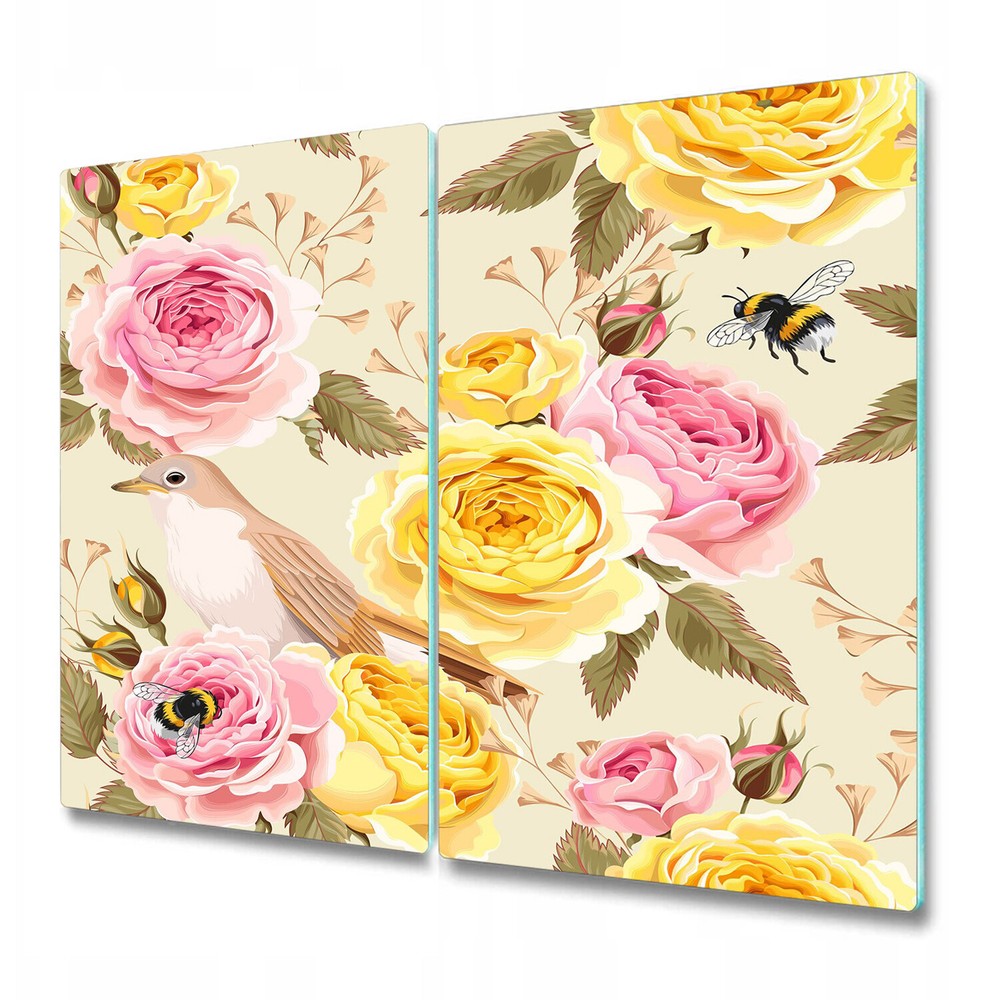Glass Surface Protector Worktop saver English roses and birds yellow and pink