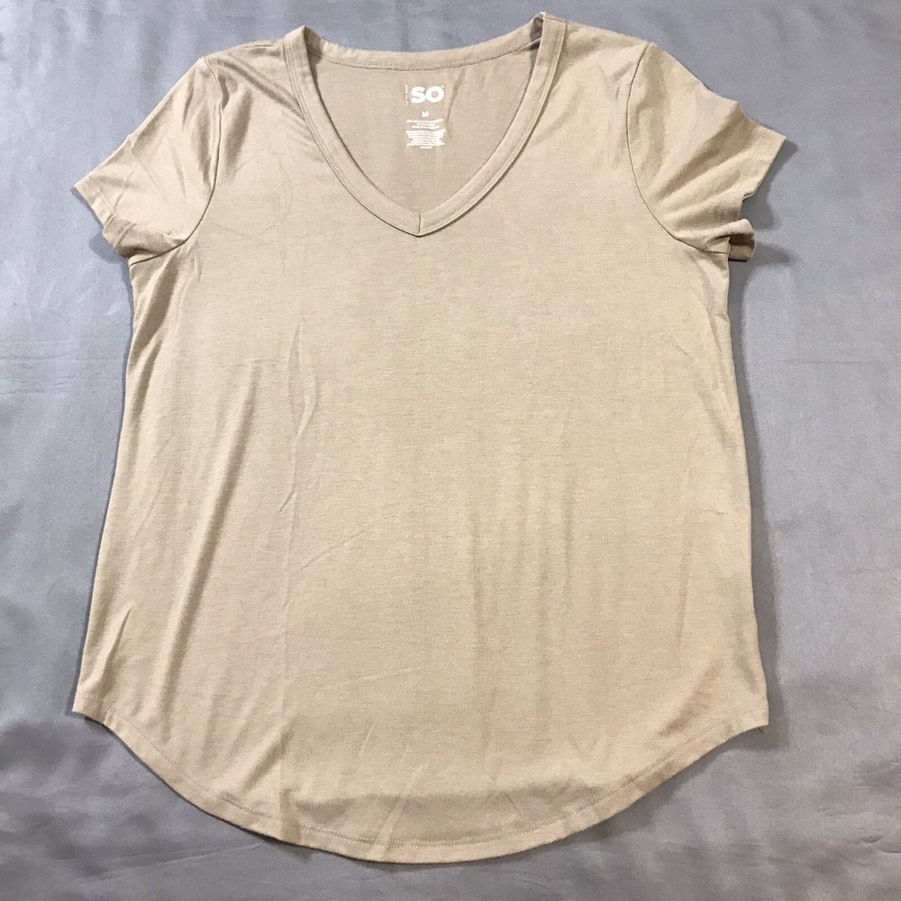 Karen Scott Top Shirt Womens Medium Beige Shrt Sleeve V Neck Cotton