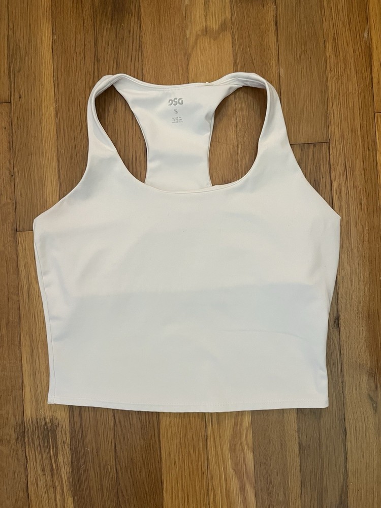 DSG White Athletic Tank Top Women’s Size S - Built in Bra, Racerback, Crop Top