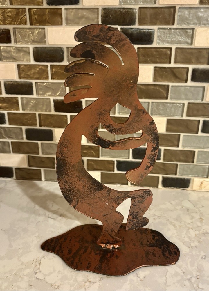 Kokopelli Metal Sculpture Southwestern Flute Player Rust Patina Statue Decor 11”