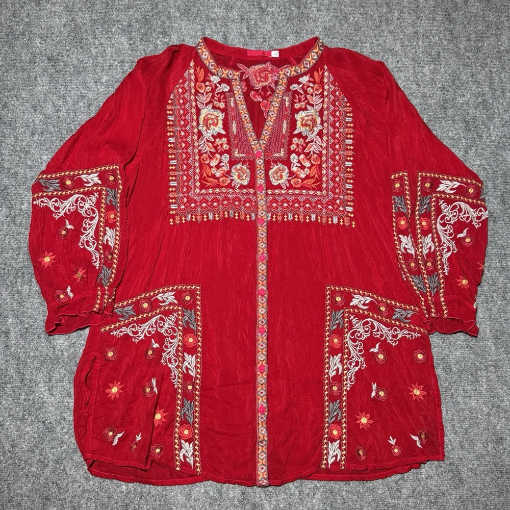 Johnny Was Bethanie Red Embroidered Tunic Top Boho Floral Button Up V-neck XL