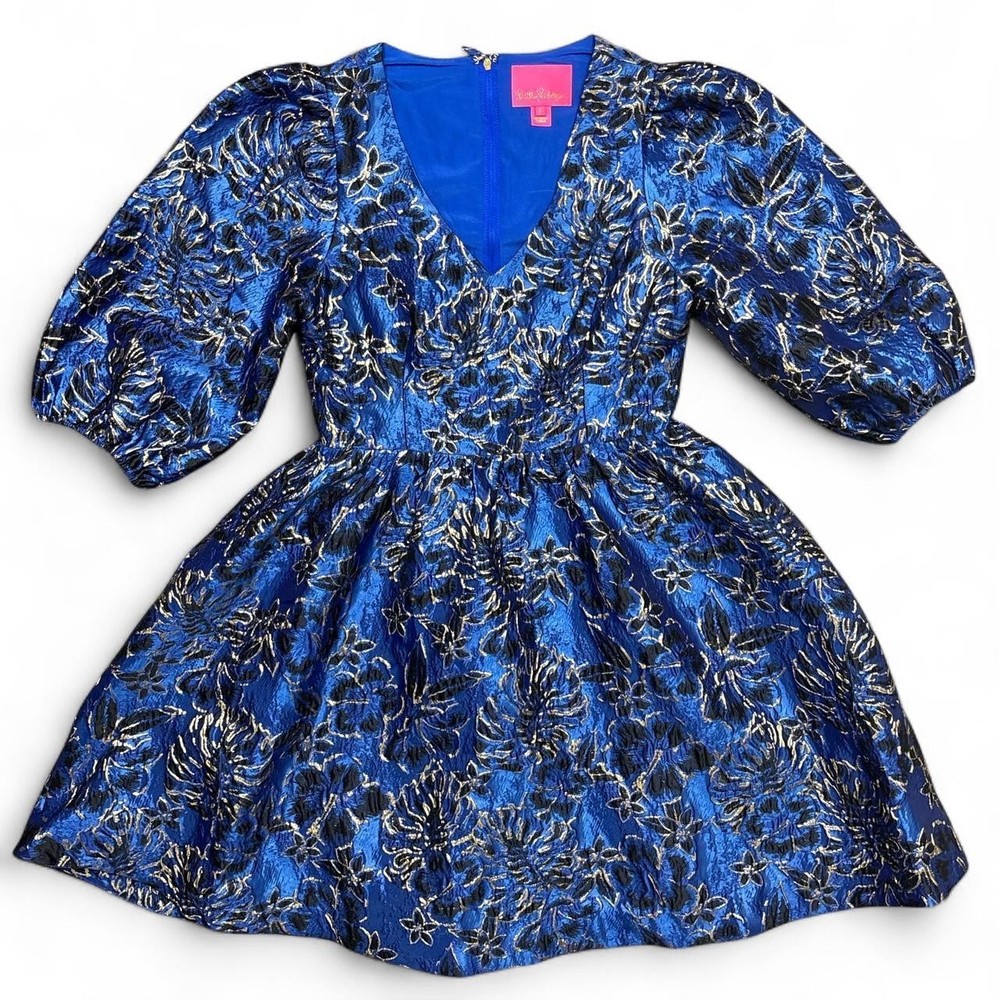 Lilly Pulitzer Dress Size 2 Calyssa 3/4 Sleeve Blue Twilight Floral Brocade