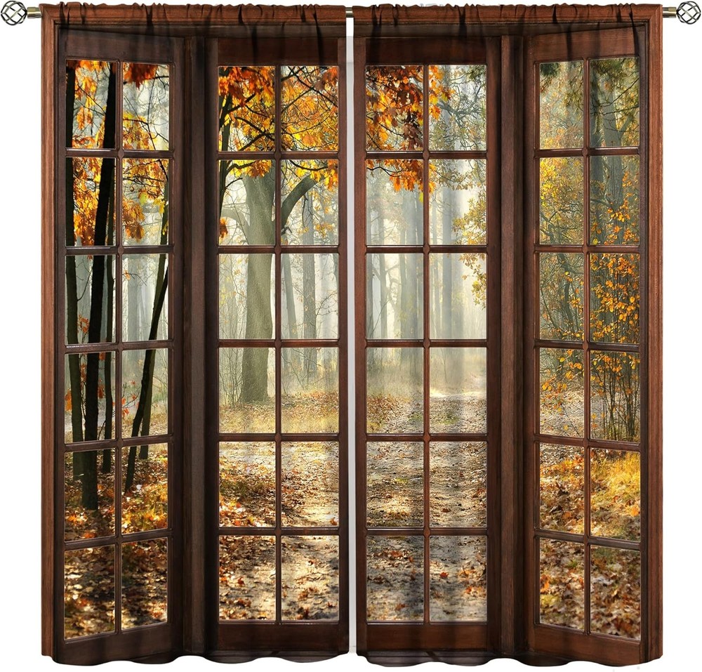 Autumn Natural Landscape Curtains,Vintage Window Pattern Kitchen Living Room Be