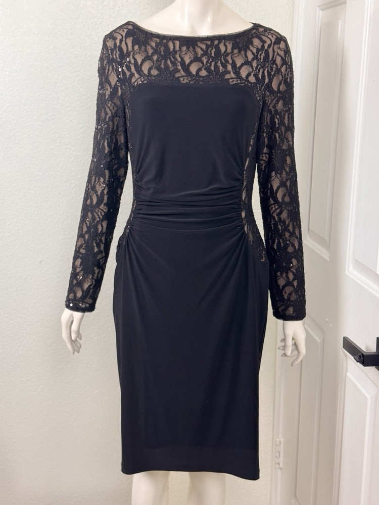 Lauren Ralph Lauren Navy Blue Dress S10 Stretch Cocktail Lace Sequin Long Sleeve