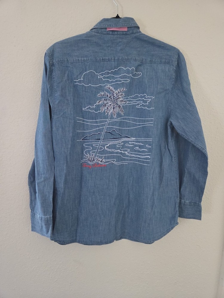 Womens Tommy Bahama Denim Long Sleeve Button Up Embellished Embroidered Back M