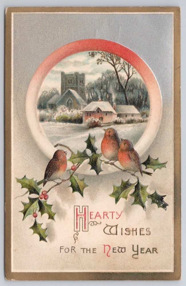Vintage Embossed New Year Postcard Robins Holly Winter Church Scene Germany