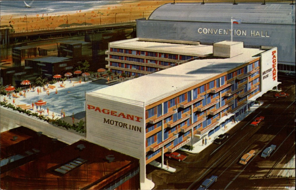 Pageant Motor Inn Atlantic City NJ pool vintage cars ~ 1950-60s postcard
