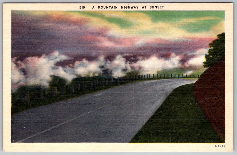 Vtg Linen Postcard Mountain Highway Sunset 1930s