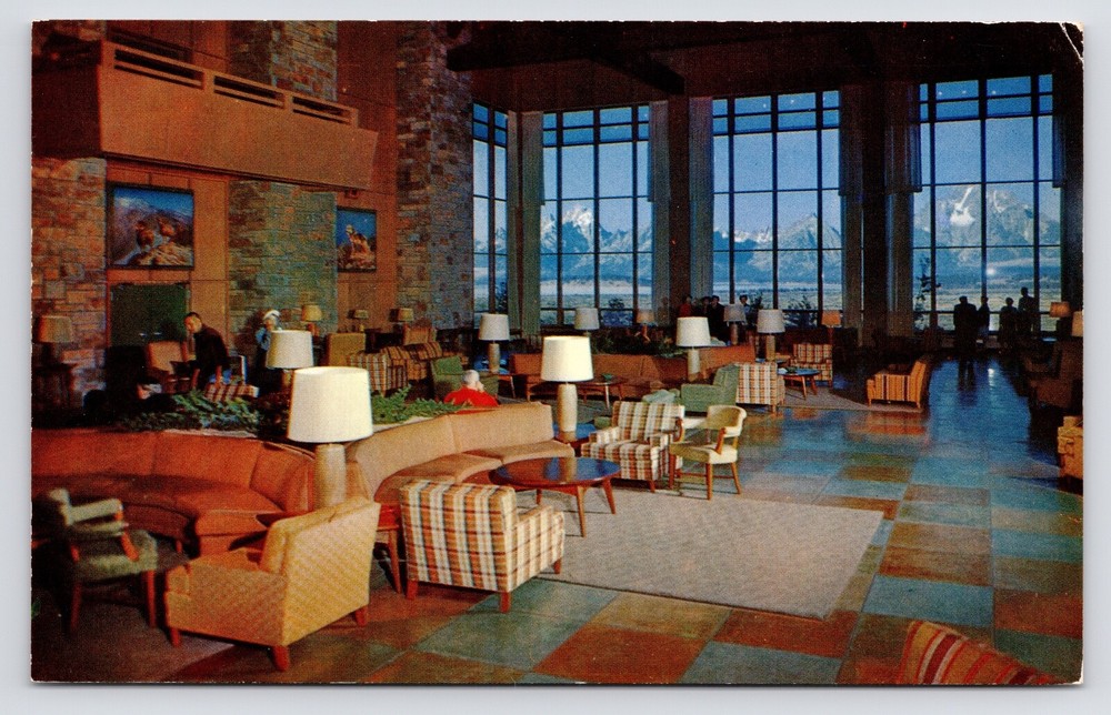 c1950s Jackson Lake Lodge Main Lobby Grand Teton Range Wyoming WY VTG Postcard