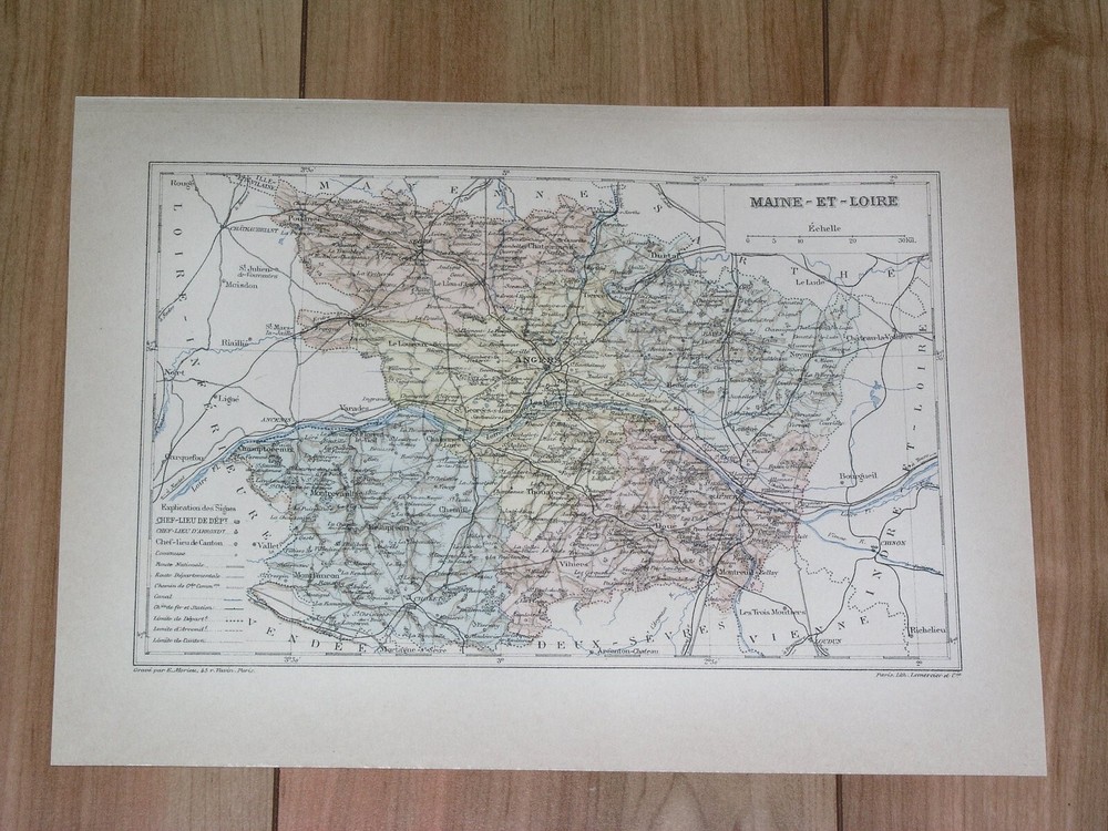 1887 Antique Original Map Of Department Of Maine-Et-Loire Angers / France
