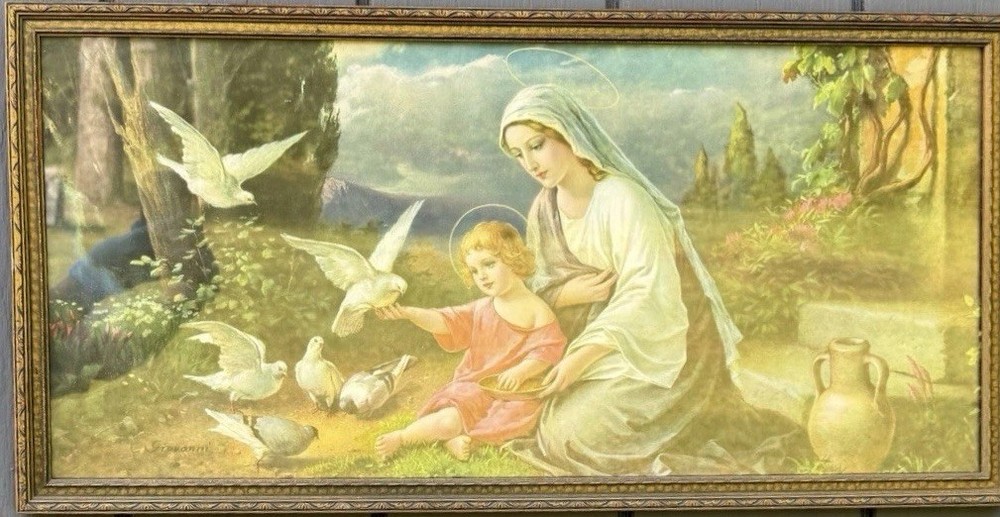 Antique Giovanni Mataloni Lithograph: Madonna and Child with Doves, Framed