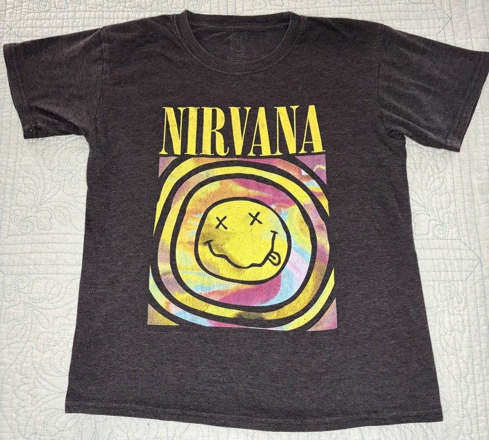 Men's Black Nirvana Tie-Dye Smiley Face T-Shirt - Size Small