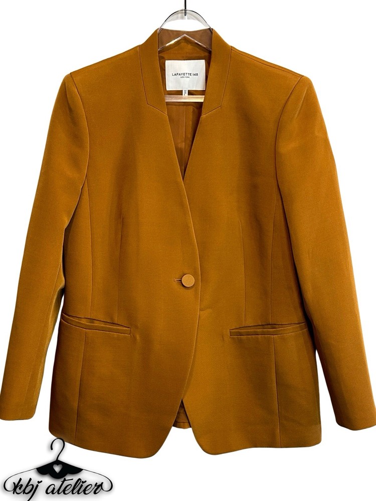 Lafayette 148 Blazer Women Size 12 Tan Gold Wool Single Breasted Office Preppy