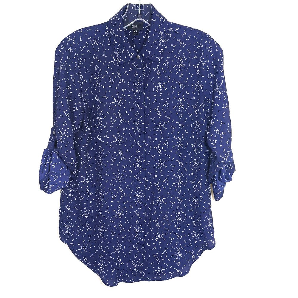 Women's Blue Ikat Hidden Button Front Tunic Top 3/4 Sleeve Size XS Lagenlook