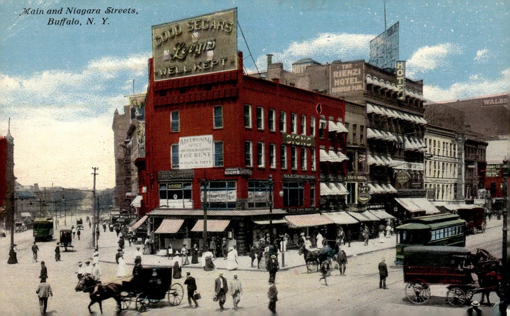 C1910 Buffalo NY Main Niagara Streets Rienzi Hotel Hand-colored Litho Postcard