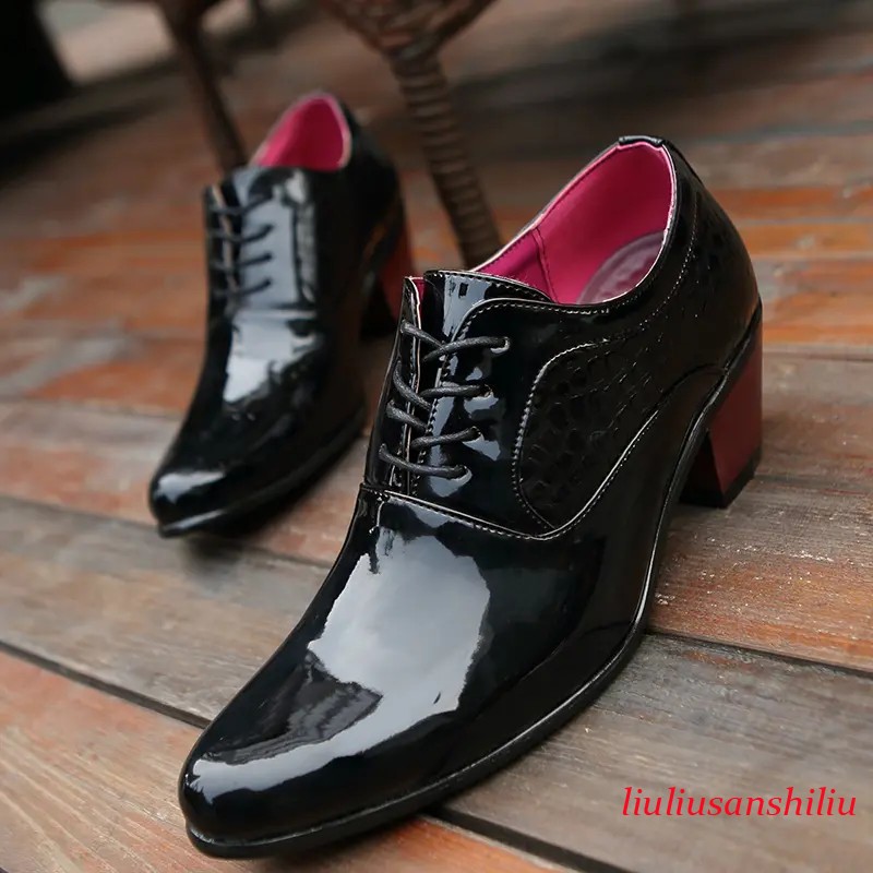 Shiny Leather Mens Pointy Toe Block Heel Business Casual Shoes Large Size Shoes