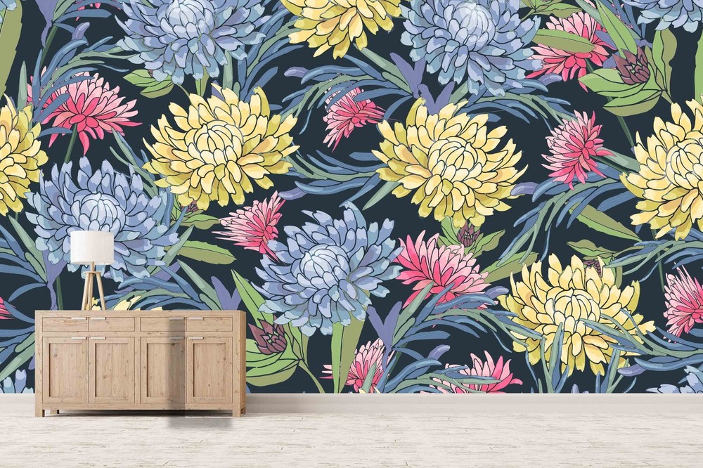3D Chrysanthemums Watercolor Pattern Wall Murals Wallpaper Murals Wall Sticker