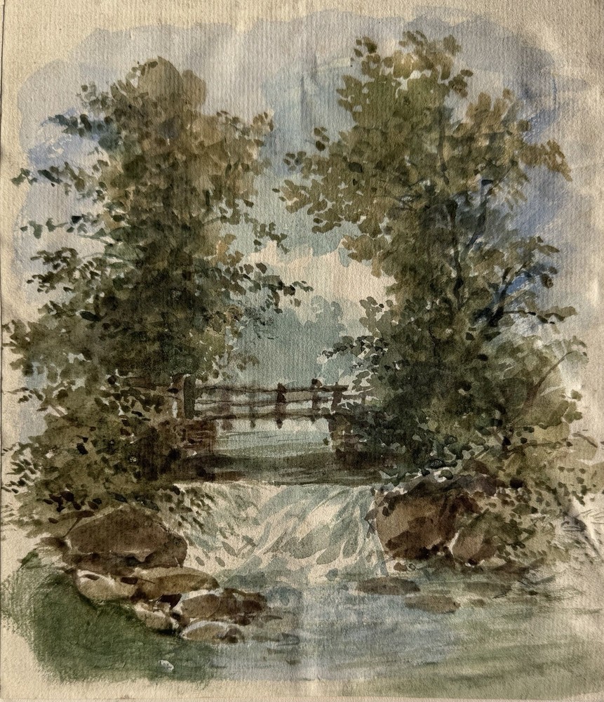 Antique English Watercolor 1860 Bridge Waterfall Landscape JH Hawksworth