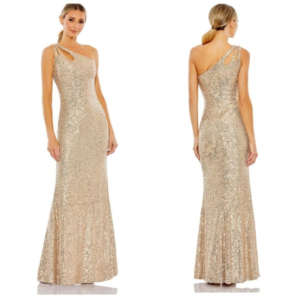 Ieena for Mac Duggal Gold Sequin One-Shoulder Gown Size 4 NWT