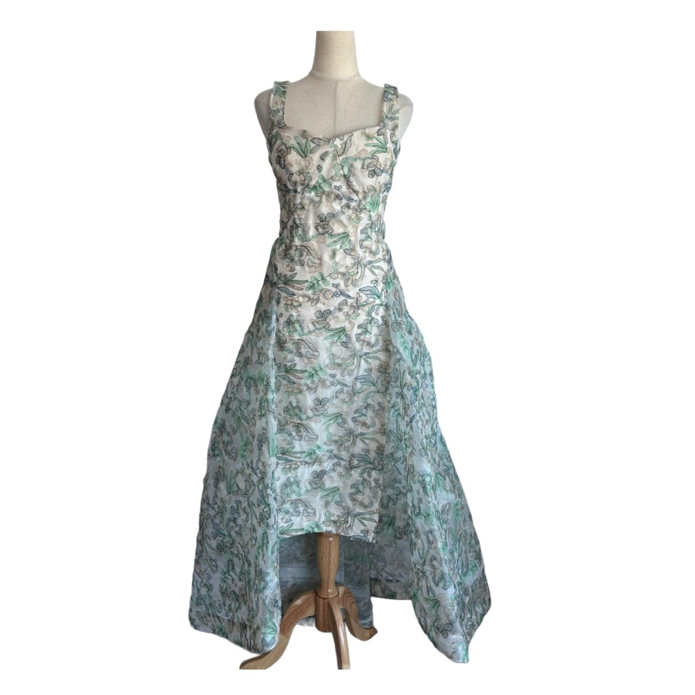 Zac Posen Green Floral Embroidered Structured Woman Gown