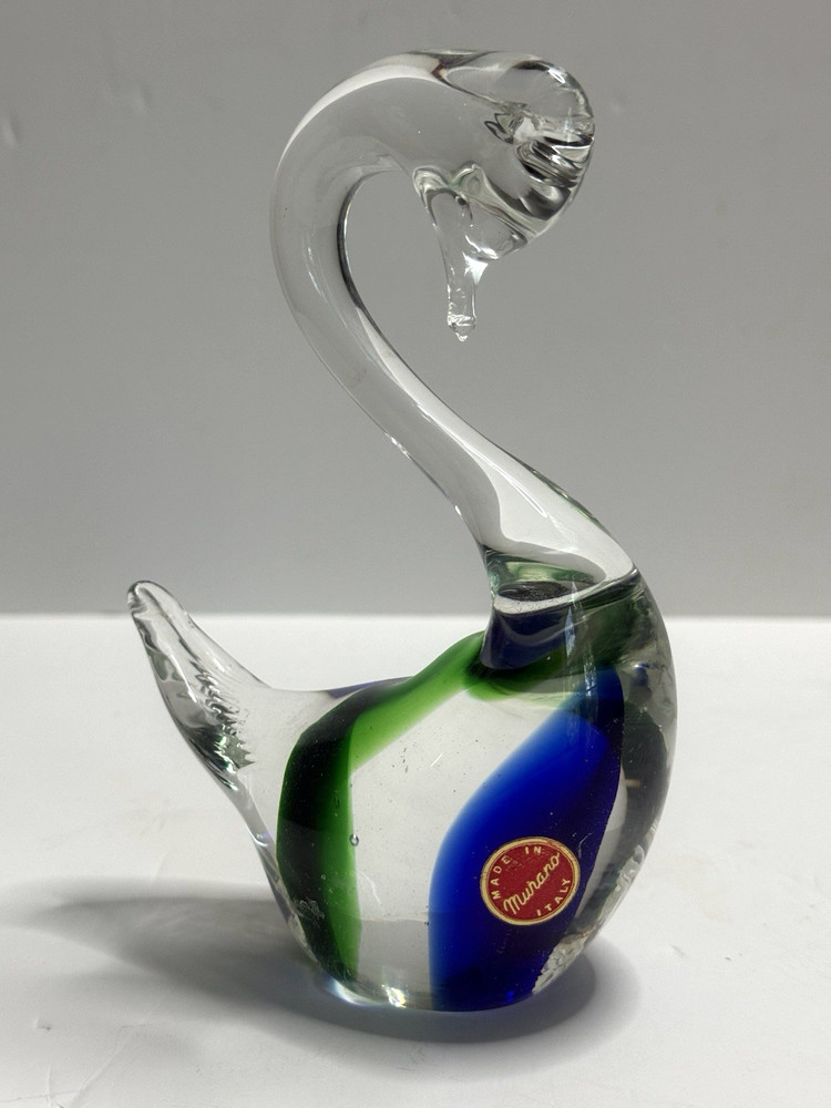 Vintage Murano Art Glass Swan Bird Sommerso Blue and Green Italy with Label