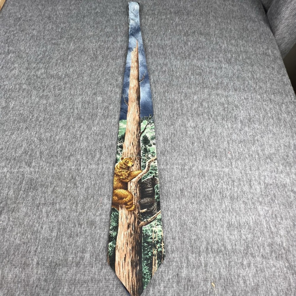 Endangered Species Tie Mens One Size Green Brown Bear Forest 100% Silk Necktie