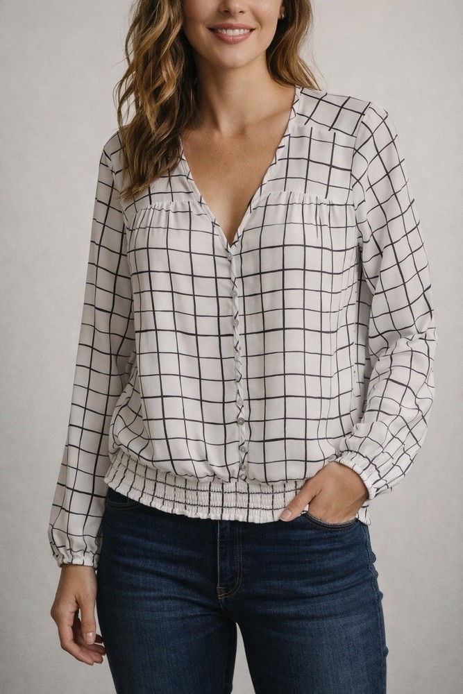 White Black Checkered Long Sleeve Blouse Size L