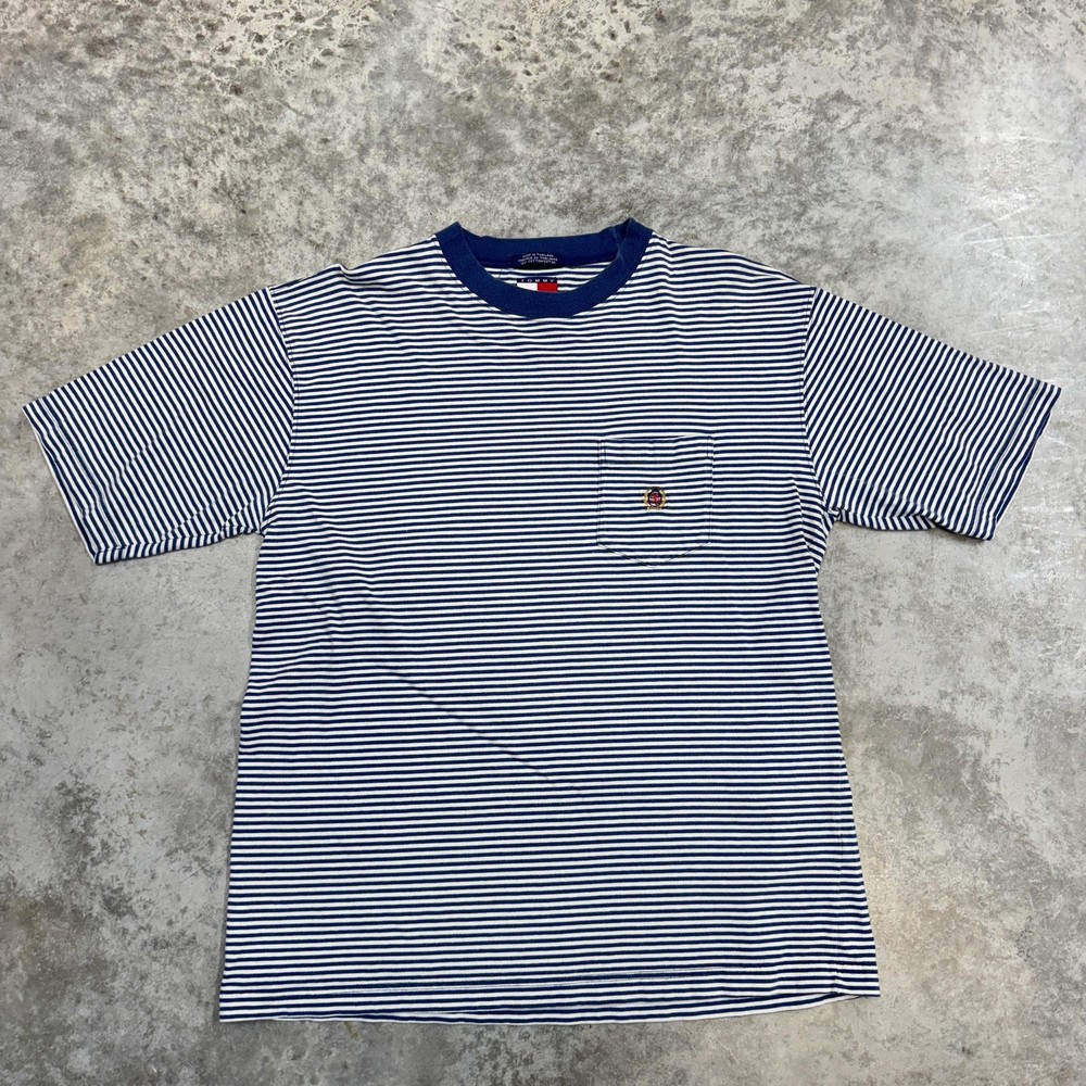 Vintage Tommy Hilfiger Shirt Mens Medium Blue Striped Pocket Crest Logo 90s