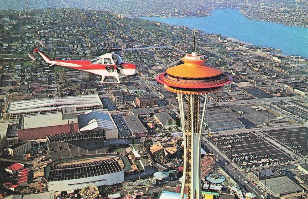 Helicopter flying by Seattle Space Needle Washington WA postcard