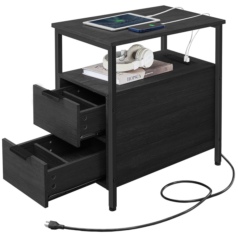 Side Table with Charging Station, Narrow End Table with 2 Drawers, Slim Night...