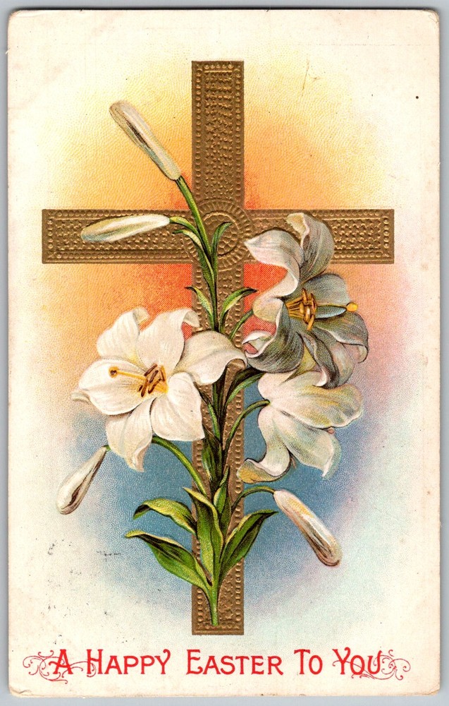 Antique Postcard Easter Lily Cross 1910s