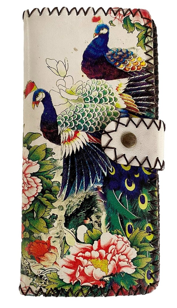Women's Leather Wallet with Multi Compartment Card Slots & Coin Zip Peacock Floral Design  