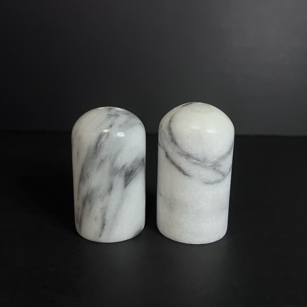 Vintage Italian Marble Carrara White & Black Salt And Pepper Shakers