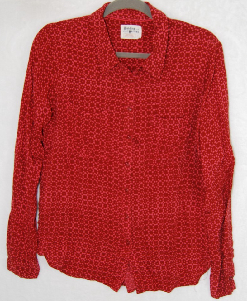 Women's Holding Horses 12 Button Up Rayon Red Pink L/S Shirt Boho Grunge Preppy
