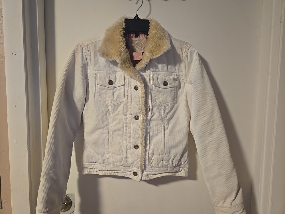 vintage y2k Roxy 100% cotton CORDUROY jean style coat with faux fur collar Small