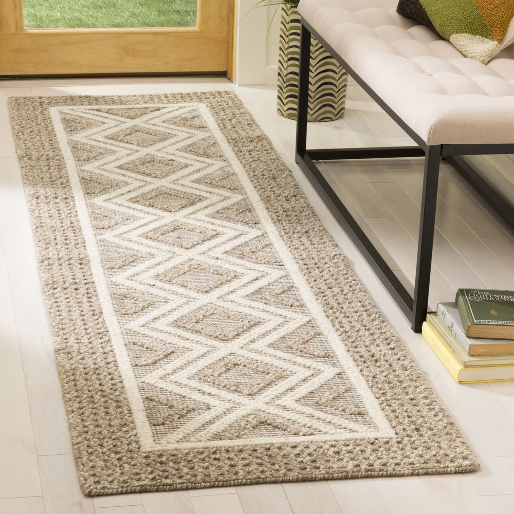 Vermont Collection Handmade Wool & Cotton Runner Rug 2x8 in Beige Ivory